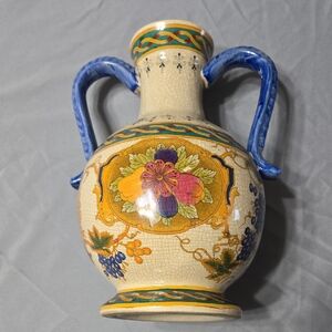 Artisan Ceramic Vase with Blue and Yellow Floral Design